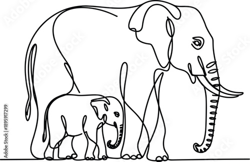 Cute line art illustration of adult and baby elephant together