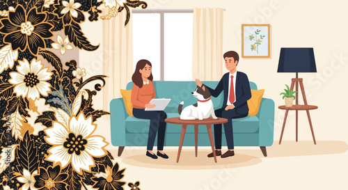 Couple, dog, and therapist in a cozy room with floral decor