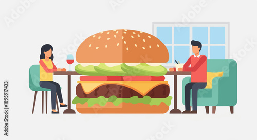 Couple eating a giant burger in a cafe