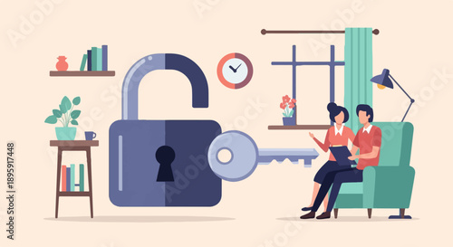 Couple discusses document with giant lock and key in home