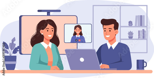 Colleagues collaborate virtually on a project at a desk with a laptop and screen