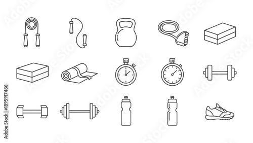 Essential Fitness Elements: A minimalist array of exercise tools and equipment, neatly arranged, representing a comprehensive guide to personal fitness and wellness.