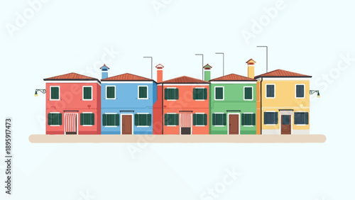Colorful houses in a row against a light blue background with white sky