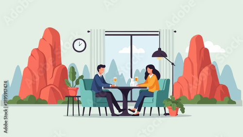 Couple dining in cafe with scenic view of red rock formations outside