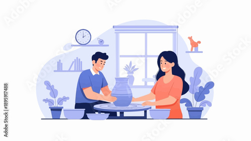 Couple crafting a vase on a pottery wheel in a room