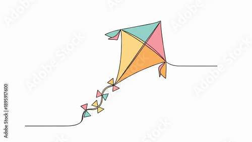 Colorful kite with a bow-shaped tail flies on a string against a white background