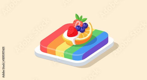 Colorful layered cake topped with cream, strawberries, blueberries, and orange slice