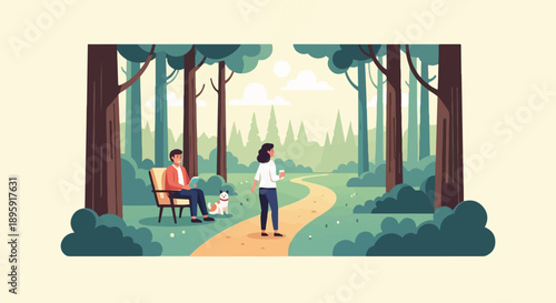 Couple and dog enjoying a sunny day walk in a peaceful forest
