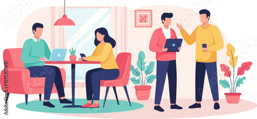 Colleagues collaborating in a modern office with laptops and plants