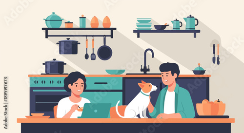Couple and dog in kitchen, woman on laptop, man with dog, home scene