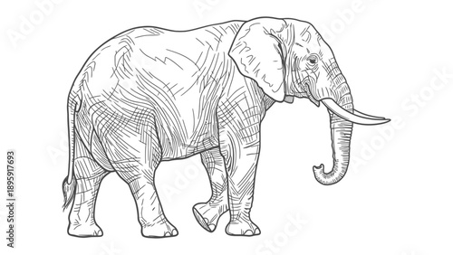 Majestic Elephant's Stroll: A detailed monochrome illustration showcases an elephant gracefully navigating its environment.