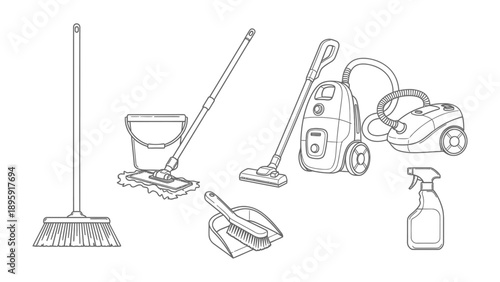 Cleaning Essentials: A comprehensive array of cleaning tools including broom, mop, vacuum, spray bottle, and dustpan, all essential for maintaining a tidy space.