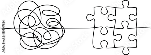 Handdrawn puzzle and tangled lines representing complexity and solution