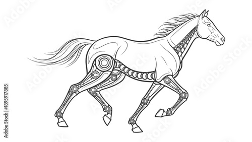 Mechanical Horse: A detailed illustration of a mechanical horse in motion, showcasing intricate internal mechanisms, blending organic form with industrial design.