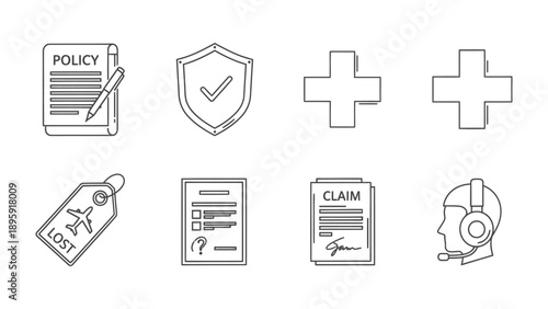 Insurance Icon Set: A comprehensive collection of meticulously crafted line art icons represents key aspects of the insurance world, providing versatile visuals for your needs.