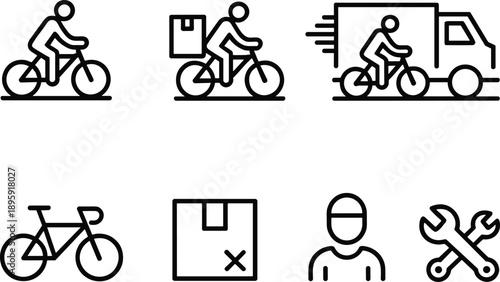 Set of delivery and cycling related icons isolated on transparent background