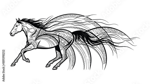 Majestic Galloping Horse: A striking illustration captures the essence of a horse in full gallop, with its flowing mane and tail, exuding power and grace, a symbol of freedom.