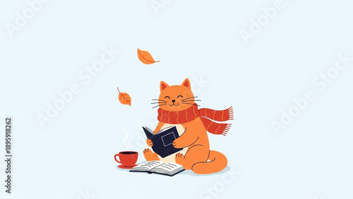Cozy cat in a warm scarf enjoying a book and a hot drink amidst falling autumn leaves