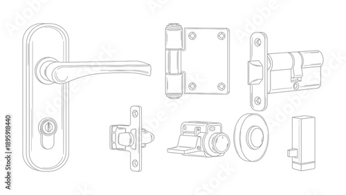 Door hardware components, Hand-drawn sketch of various door hardware elements including a lever handle, hinges, latch, and strike plate, isolated on white background.