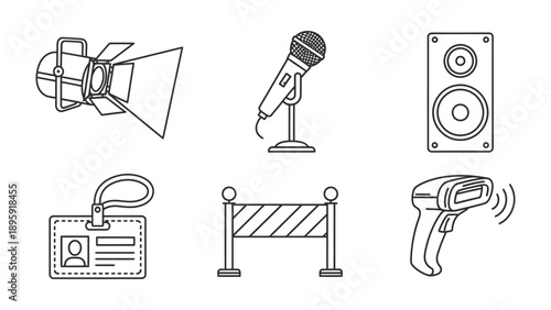 Event essentials : Line art of essential elements for the events industry. Including a spotlight, microphone, speaker, name tag, barrier, and barcode scanner. 