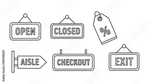 Signs of Commerce: A collection of illustrative signage featuring open/closed signs, a price tag with a percentage symbol, an aisle sign, a checkout sign, and an exit sign, ready to direct and inform.