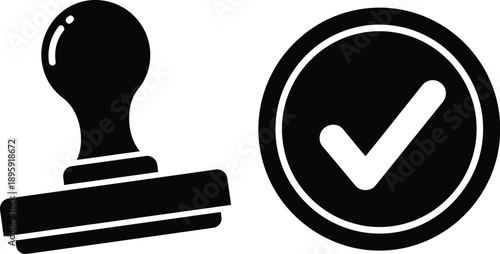 Rubber stamp and a check mark, approval, validation, agreement, confirmation. or certified stamp icon. Rubber stamp validated symbol, authorized stamp.  
