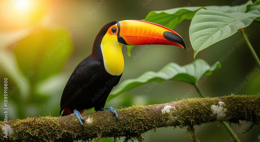 Obraz premium A colorful toucan with a bright yellow-orange beak perches on a moss-covered branch. Black plumage contrasts with blue feet amid lush tropical foliage in warm, natural light.