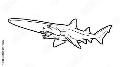 Goblin Shark in Motion: A stark, black-and-white illustration showcases the unique profile of a goblin shark, gliding effortlessly. The image captures the predator's distinctive features