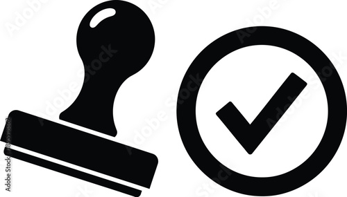 Rubber stamp and a check mark, approval, validation, agreement, confirmation. or certified stamp icon. Rubber stamp validated symbol, authorized stamp.  

