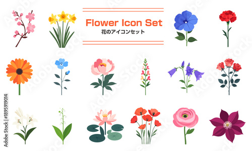 花のアイコンと見出しラベルのイラストパーツセット バラ,カーネーション ポピー,ラナンキュラス,鈴蘭,梅,ガーベラ,水仙
