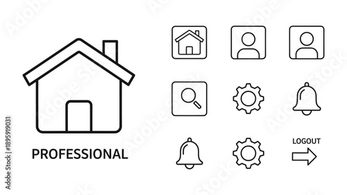 Home and Professional Icons: A set of clean, minimalist icons, including a house and various symbols related to home and professional use, designed for modern interfaces. 