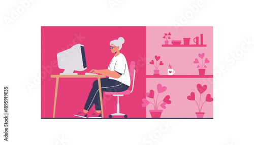 Elderly woman working remotely on an old desktop PC in a modern flat illustration