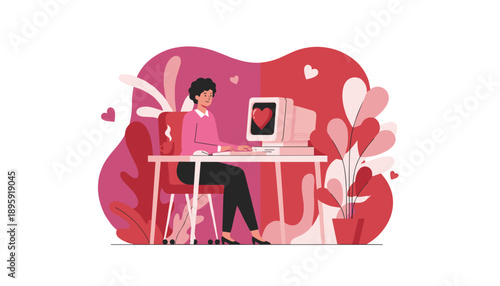 Smiling woman chatting online on a retro PC with a heart on screen Love technology and dating