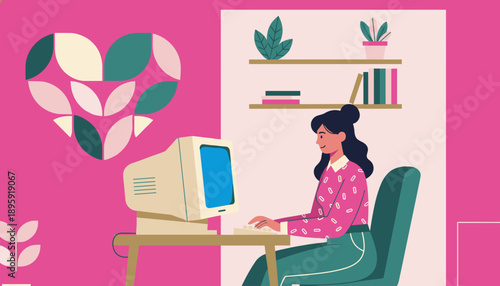 Stylized illustration of a woman enjoying remote work on a vintage computer at a pink desk