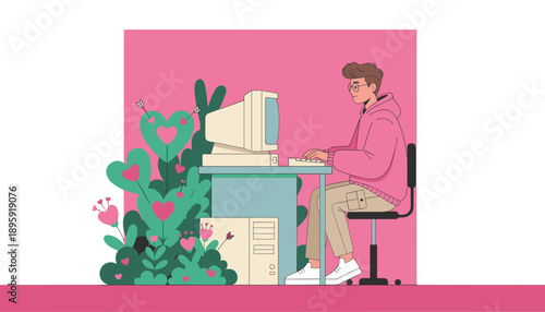Man finds love online using a vintage computer surrounded by heartshaped plants
