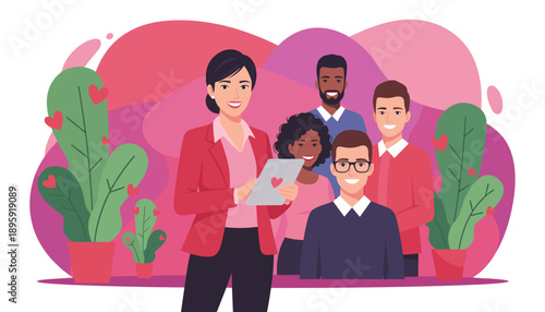 Smiling diverse business team celebrating community collaboration and social media success