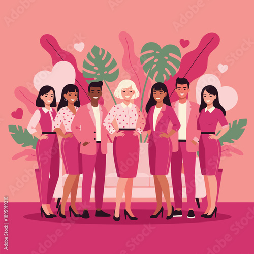 Diverse team of six professionals in pink attire symbolizing unity empowerment and business success