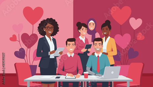 Diverse team collaboration and inclusion in a cheerful office decorated with hearts for love and appreciation
