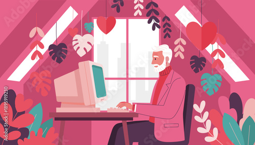 Senior man using a retro computer in a cozy pink attic home office filled with plants