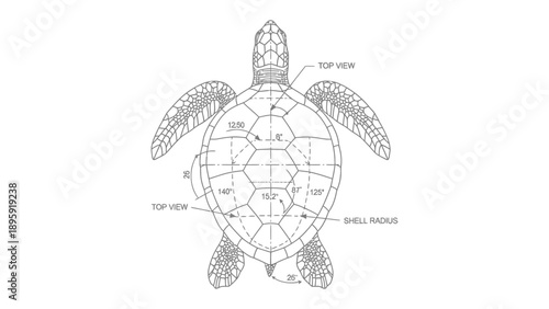 Sea Turtle Blueprint: A detailed technical drawing of a sea turtle, showcasing the intricate structure of its shell and body. Perfect for educational, scientific, or design use.