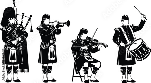Pipe band Scottish music. Scottish musicians in traditional attire, playing various instruments. 