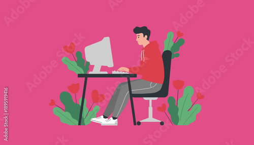 Casual young man working from home on PC surrounded by romantic heart plants Flat vector illustration