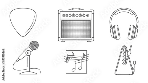 Essential Music Gear Illustration: A collection of meticulously drawn music essentials, perfect for music lovers and professionals alike. A vibrant musical composition and creativity. 