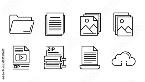 Data & File Icon Collection: A comprehensive set of icons representing diverse data and file types, perfect for illustrating digital concepts and information management.