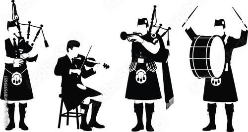 Pipe band Scottish music. Scottish musicians in traditional attire, playing various instruments. 
