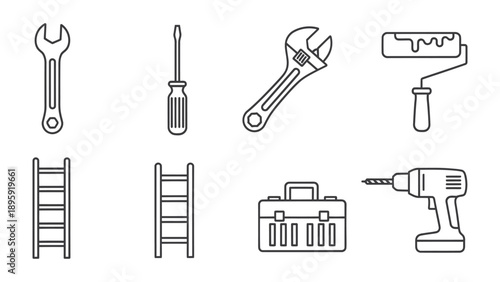 Essential Tools Set: An array of indispensable tools for all your home repair and construction needs, meticulously arranged to showcase functionality and utility.
