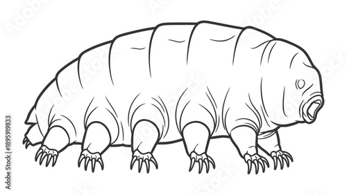 Water bear Illustration: A detailed black and white illustration of a water bear showcases the unique segmented body, tiny claws, and characteristic appearance of this resilient microscopic creature.