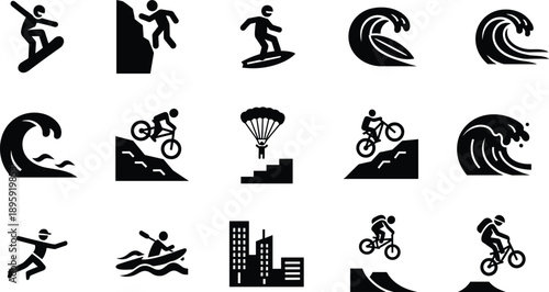 Extreme sports icons set surfing skateboarding snowboarding biking kayaking parachuting action silhouettes isolated black vector illustration