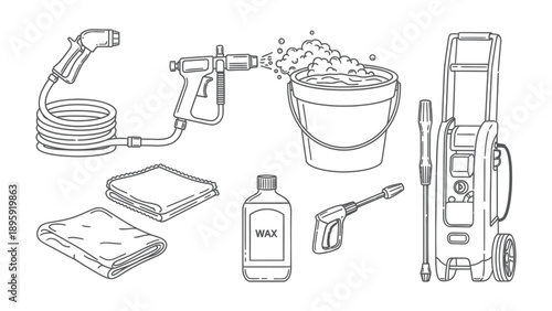 Car Wash Equipment Illustration: A detailed line drawing showcases the essential tools for a thorough vehicle wash, from pressure washer to wax bottle. 