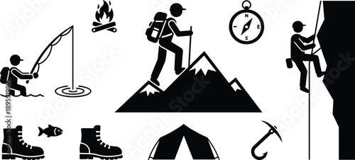Outdoor adventure icons set hiking climbing fishing camping navigation survival mountain expedition silhouettes isolated black vector illustration